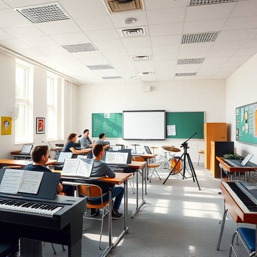 A bright and spacious classroom at Harmonix Academy with musical instruments and comfortable seating.
