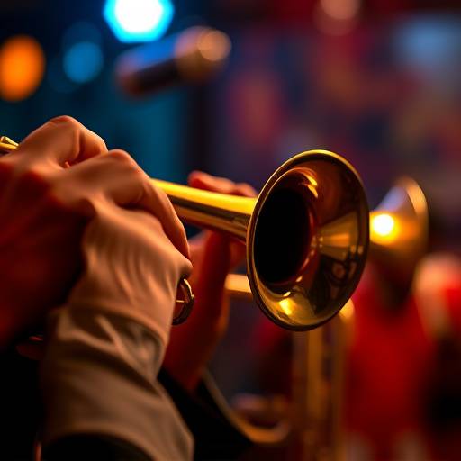 A close up view of a trumpet being played with jazz music in the background.