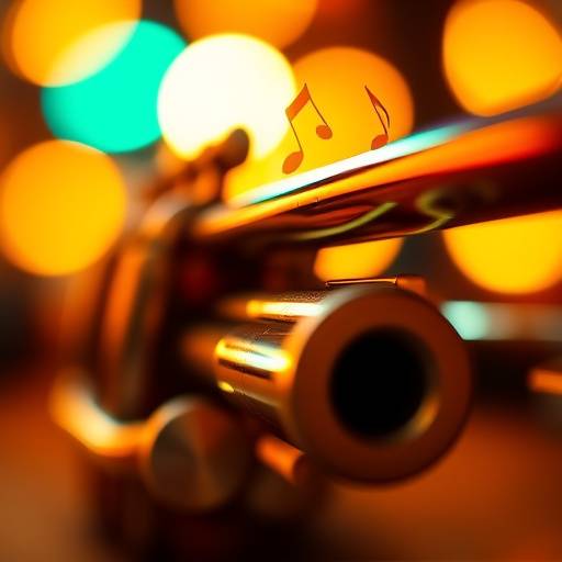A close up view of a trumpet being played with jazz music notes in the background.