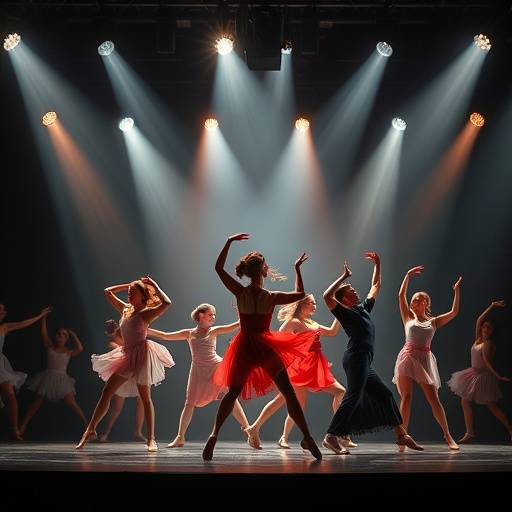 A group of dancers performing a choreographed routine on a dance floor with stage lighting above them.