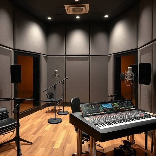 A professional recording studio at Harmonix Academy with soundproof booths, mixing consoles, and high-quality microphones.