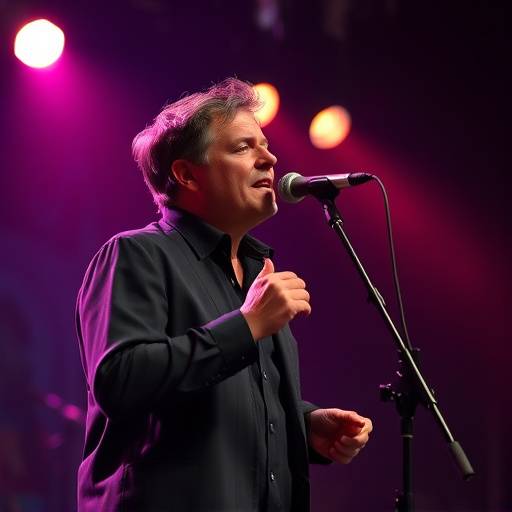 A vocalist performing on stage with a microphone and stage lighting
