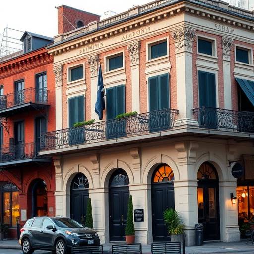 Exterior view of the historic Harmonix Academy building in the French Quarter of New Orleans.