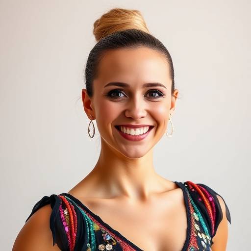 Headshot of Cecile Fontaine, a vibrant woman with a friendly smile, striking a pose in her dance attire.