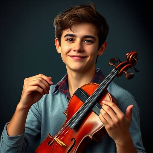 Headshot of Thibault Delacroix, a young man with a lively, artistic demeanor, holding a violin.