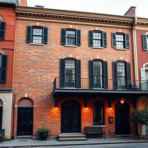The exterior of the Harmonix Academy building, a historic brick structure in the French Quarter of New Orleans.